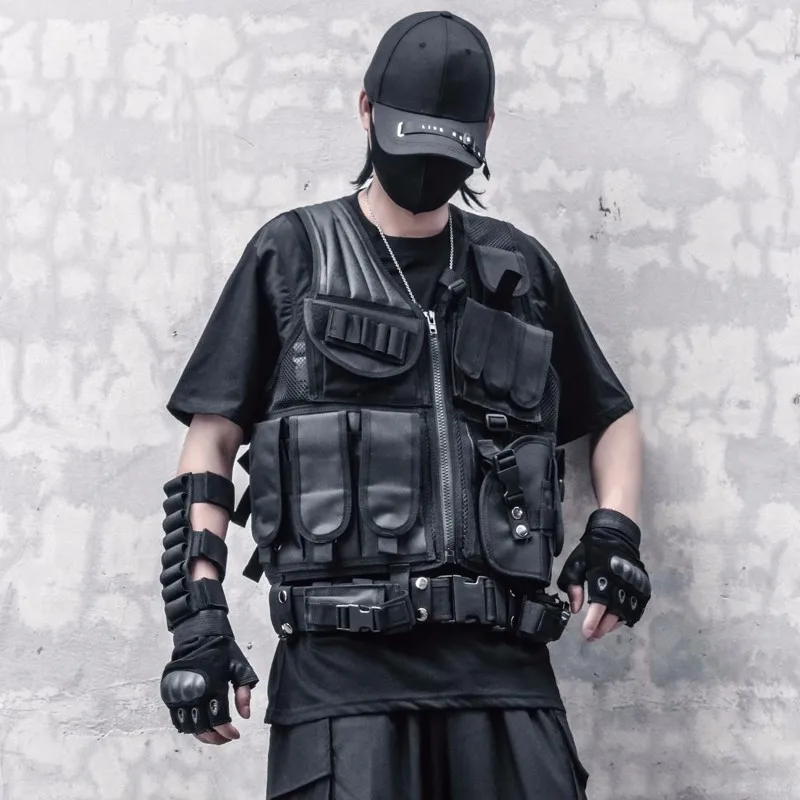 Tactical Vest Men Functional Cargo Vest Sleeveless Coat Drawstring Stitching Casual Vest Techwear