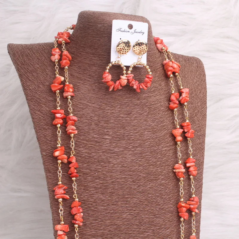 4ujewelry Nigerian Coral Beads Necklace Women Bridal Jewelry Sets Wedding Long Design 3 Pieces