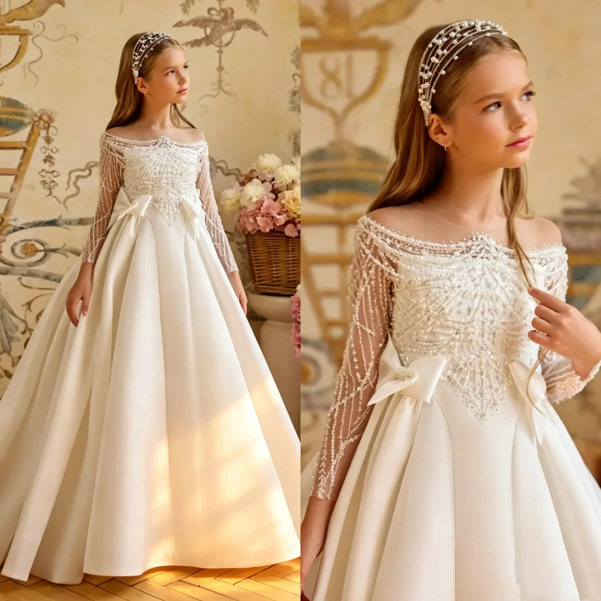 Custom Luxury White Pearl Beaded Flower Girl Dress Wedding Puffy Skirt First Communion Baby Girl Birthday Party