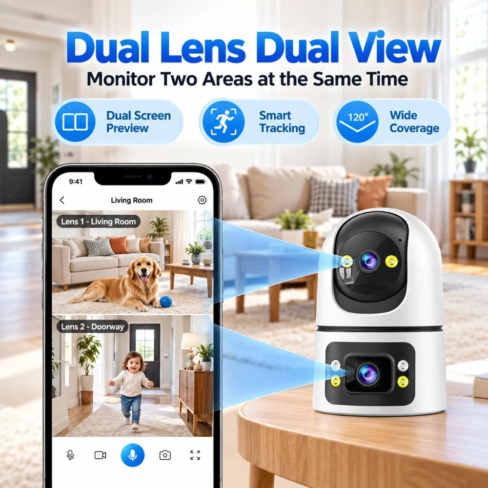 Tuya 4K WiFi Camera Indoor 6MP Dual Lens Auto Tracking Home Pet Monitor Color Night Vision Security Surveillance Cameras CCTV