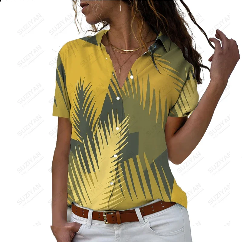 T-shirt flamant rose hawaïen pour femme, impression numérique 3D, chemise décontractée à revers pour femme, haut à manches courtes, été, nouveau style, 2024