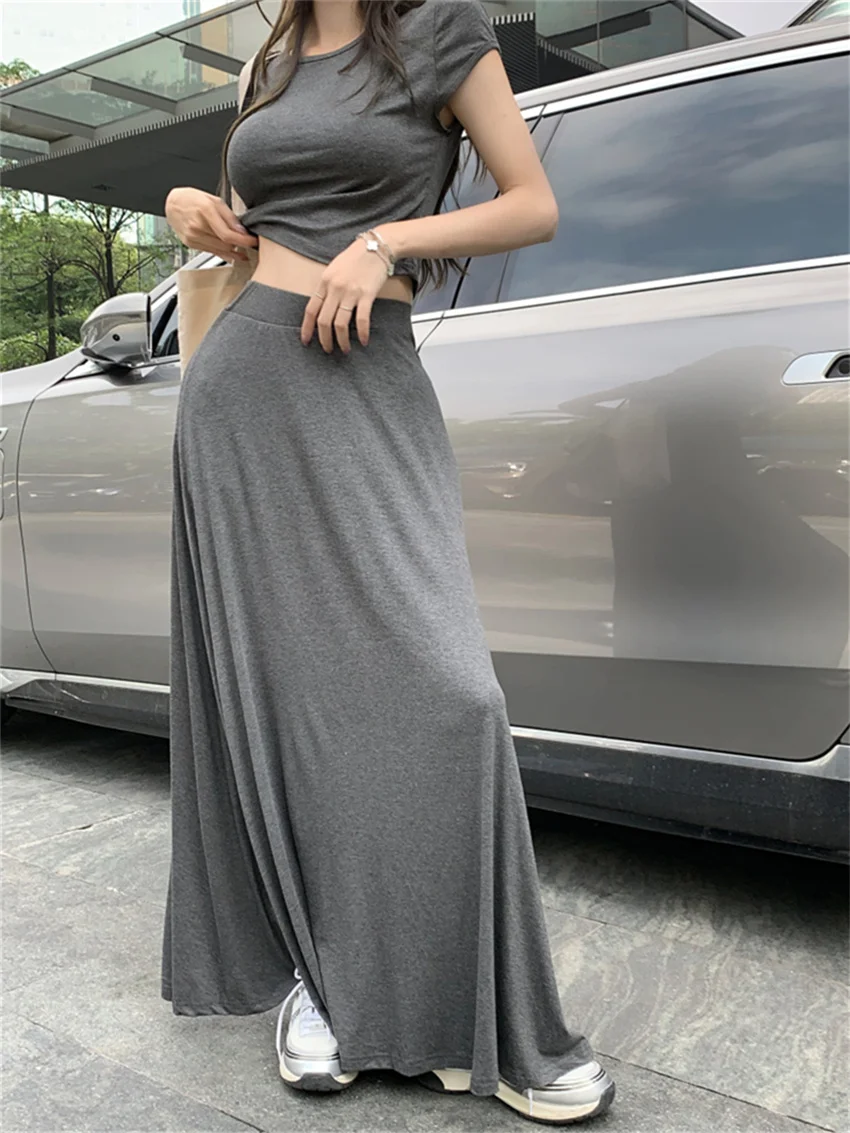 PLAMTEE Grey Hot Sale Women Suits Chic Casual New 2024 High Street Skinny T-Shirts Summer High Waist Casual Maxi Skirts Sets