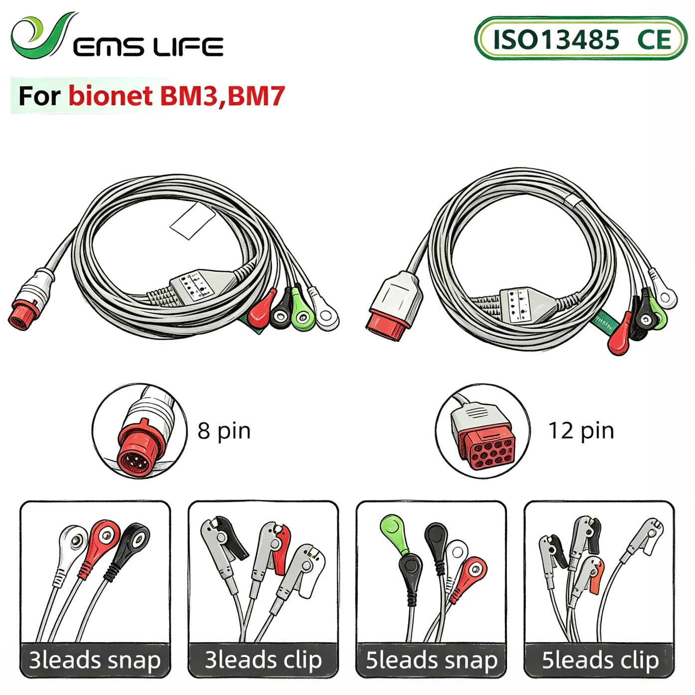 ECG cable with 3 leads snap for bionet BM3 patient monitor