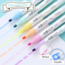 Set of 6 Colors Kawaii Erasable Highlighters Double Headed Note Taking Underlining 4mm Thick Markers Fluorescent Note Pens