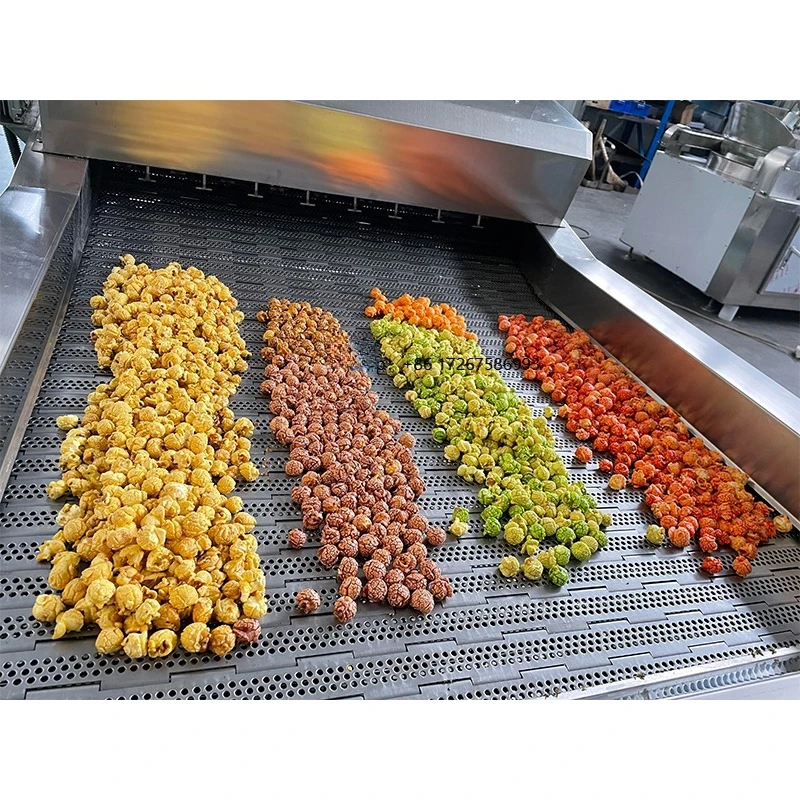 ماكينة صنع الفشار الكبيرة الأوتوماتيكية ذات السعة العالية، خط إنتاج الفشار متعدد الوظائف بنكهة الفاكهة والغاز الصناعي