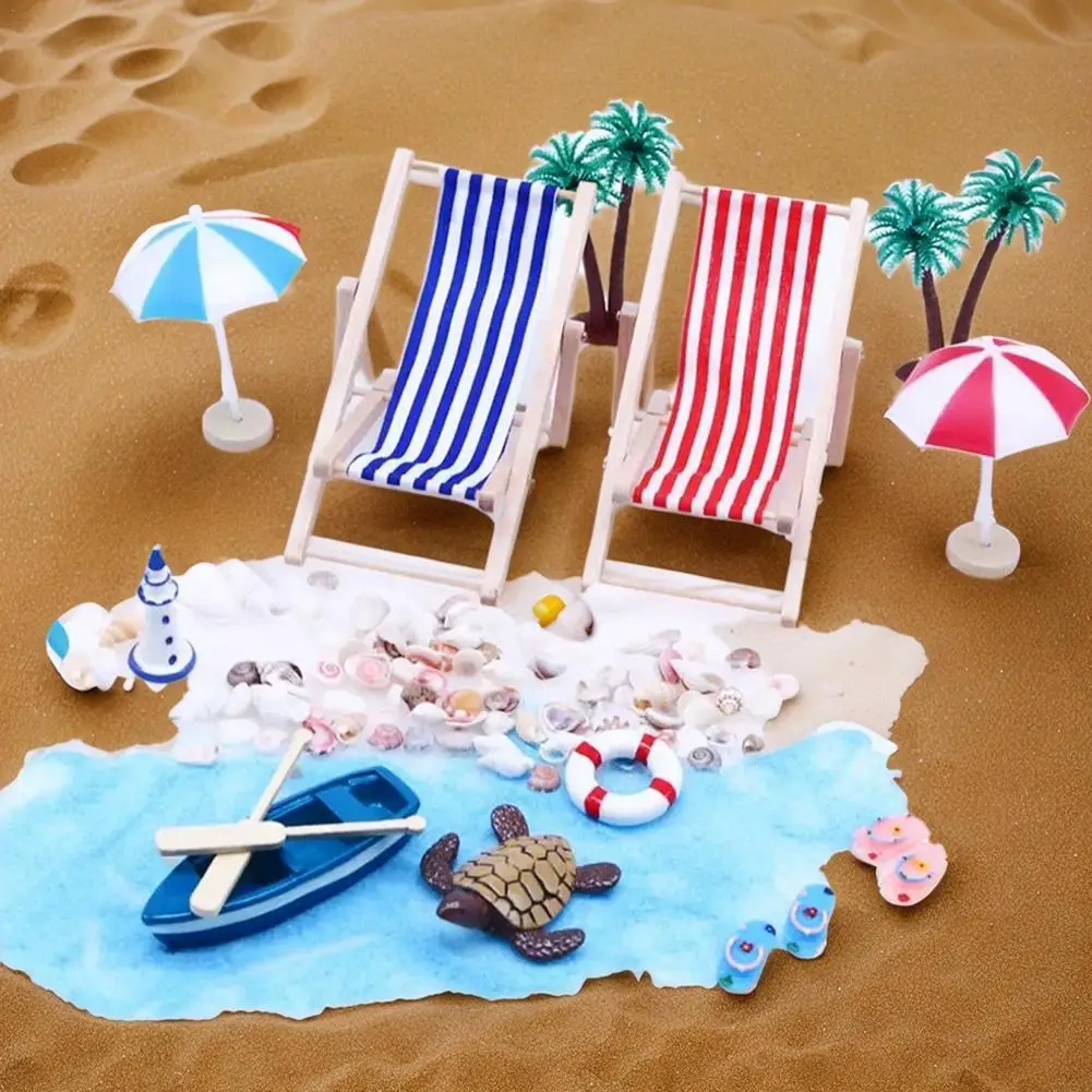 

Mini Beach Set Model Micro Scenery Summer Sun Umbrella Wood Beach Chair Shell Turtle Mini Landscape Toys For Kids Gift