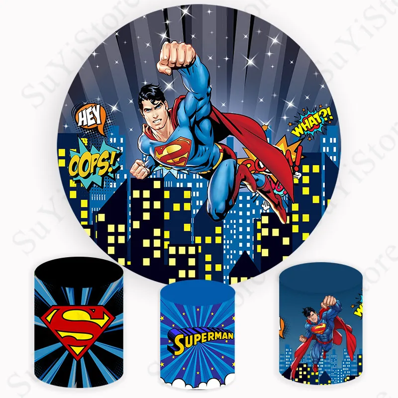 Superhero SuperMan Round Photography Backdrop Boys Birthday Party Decoration Circle Photo Background Cylinder Covers