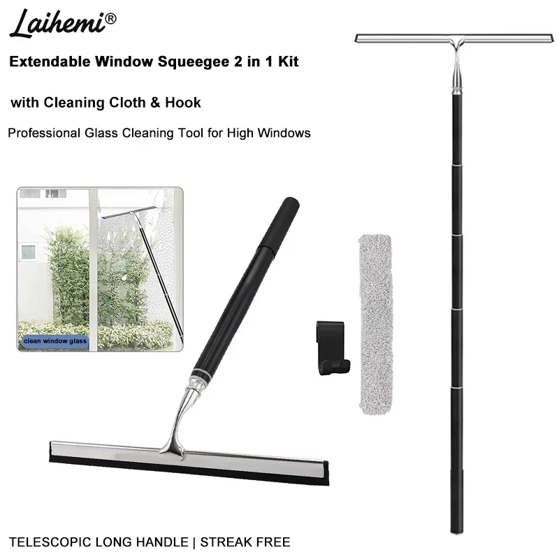 60.6in Telescopic 2-in-1 Window Squeegee, Wide Blade Streak Free Glass Cleaner with Cloth & Hook for High Windows Bathroom Car