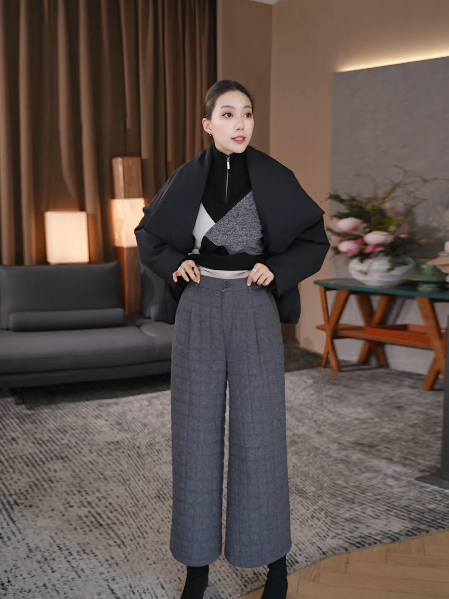 

ay Woolen Thi Wide Leg Pants High Waist Nine Points Loose Women's Cotton Trousers Winter New Sle Warm Versatile Fem