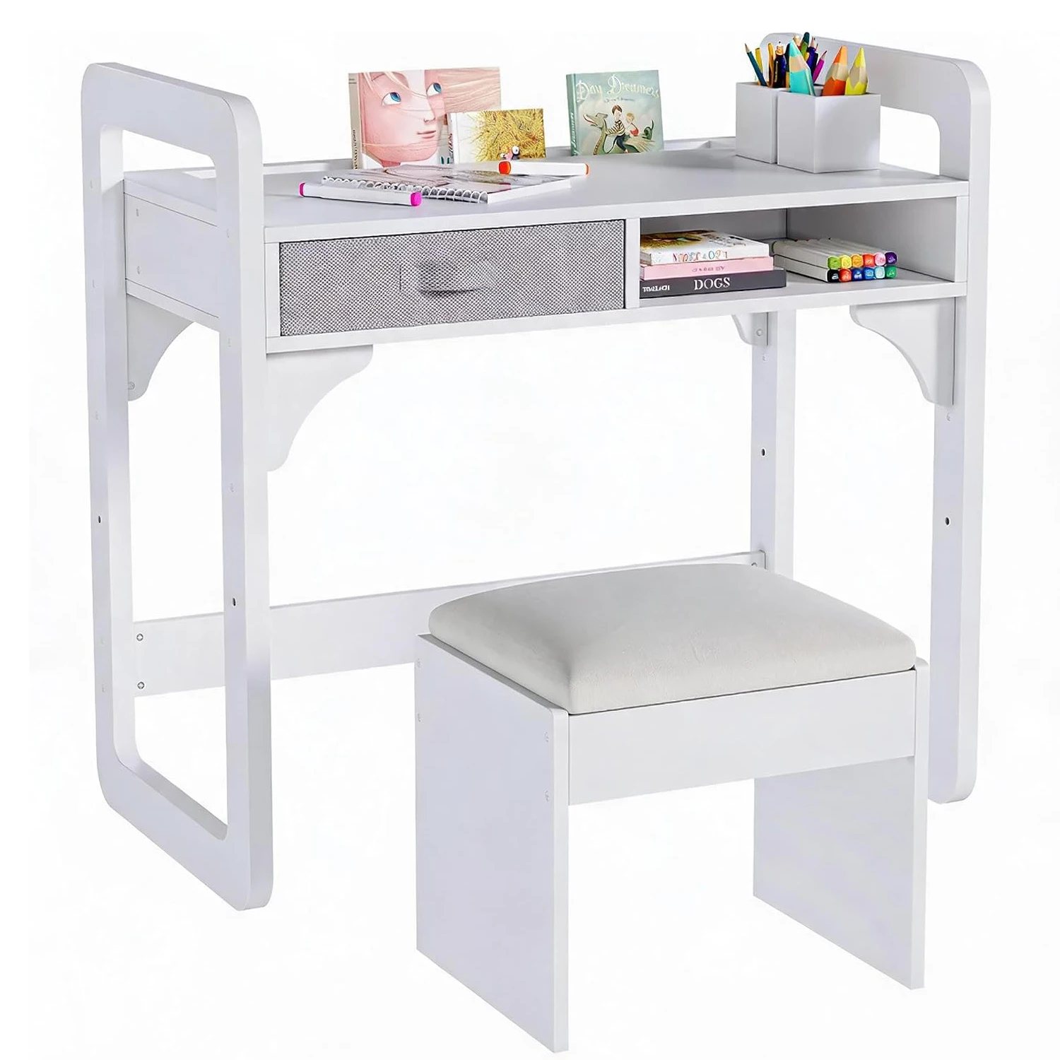 Kids Desk and Chair Set Wooden Study Table,Cloth Drawers & Pen Holder for Boys and Girls – Perfect for Home Learning or Playroom
