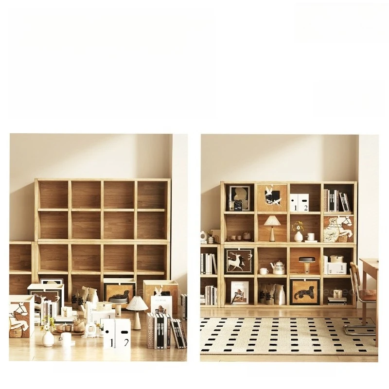 Solid wood bookshelf, floor shelf, living room grid storage, kindergarten combination storage cabinet