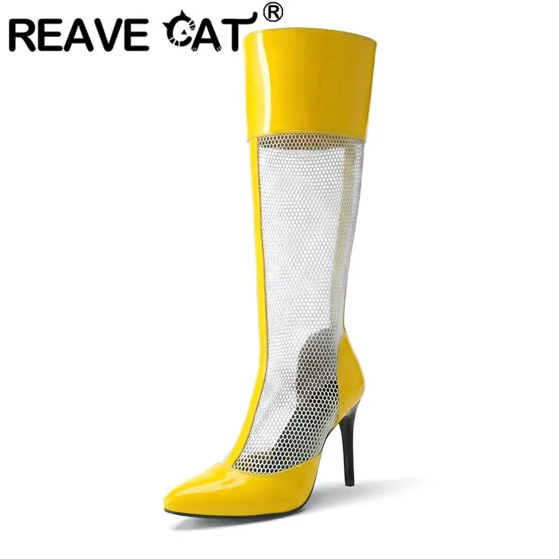 

Женские сапоги REAVE CAT фиолетовые, до колена, с острым носком, на молнии, на шпильке 10 см, с дышащей сеткой, сексуальные, для свиданий, большие размеры 46, 47, 48