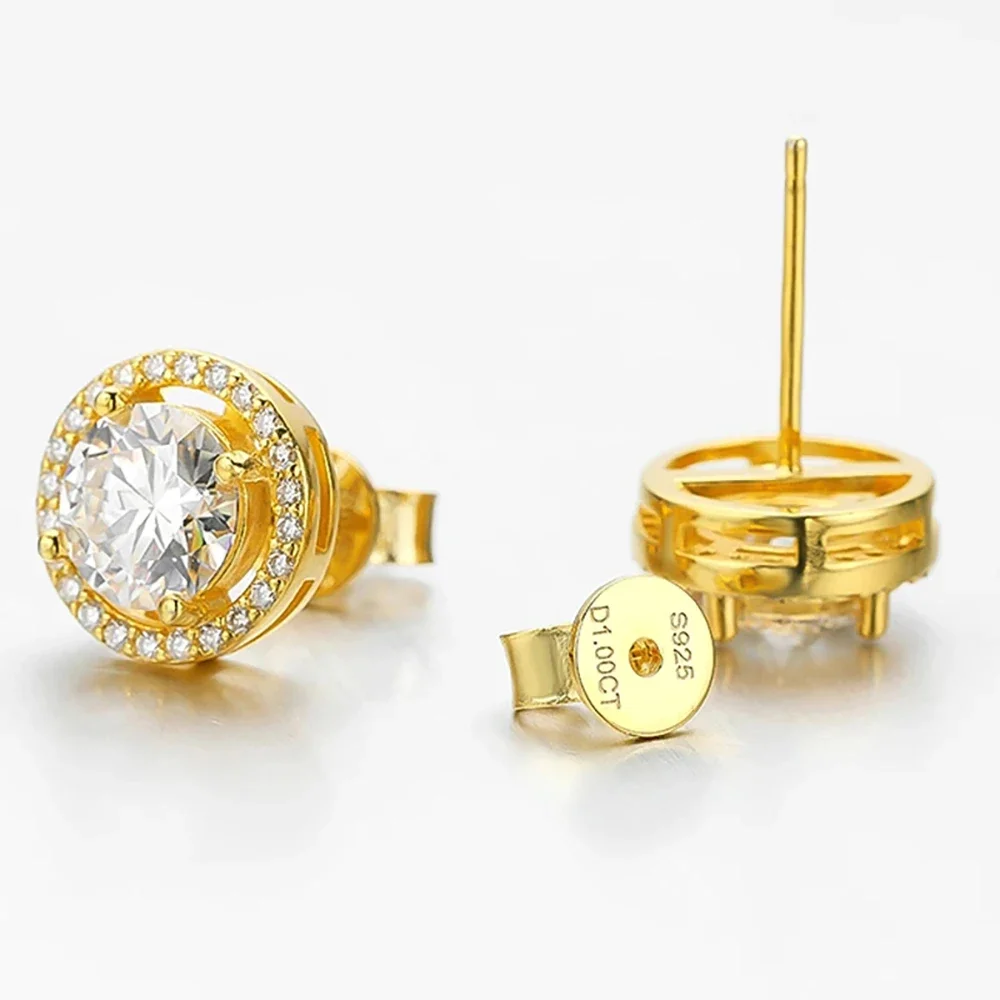 Round Cut Moissanite Stud Earrings 18K Yellow Gold Plated 925 Sterling Silver Plate Pt950 2CT Diamond Earring for Women With GRA