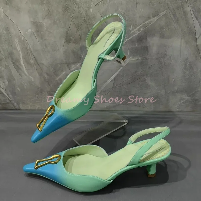 الأزرق مختلط الألوان ديكور معدني عالية الكعب النساء المفاتيح Slingback خنجر الصنادل مثير موضة الجوف حزام الظهر أحذية الحفلات