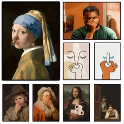 Abstract Funny Hold The Nose Mona Lisa Face Lines Posters and Prints Canvas Printing Wall Art Picture for Bathroom Toilet Decor