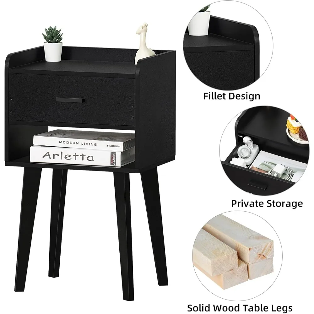 مجموعة منضدة Lerliuo باللون الأسود مكونة من 2، طاولة جانبية للسرير حديثة مع درج، طاولة نهاية خشبية للمساحة الصغيرة، حامل ليلي لغرفة النوم/Li