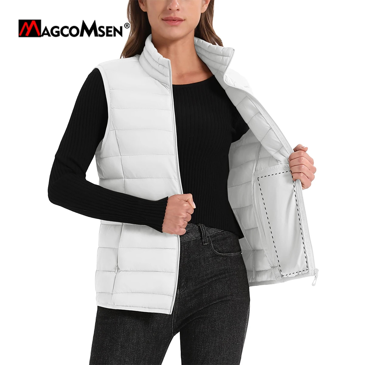 MAGCOMSEN Fall Winter Casual Vests Womens Lightweight Sleeveless Stand Collar Zip Up Jackets Waterproof Outerwear Vests