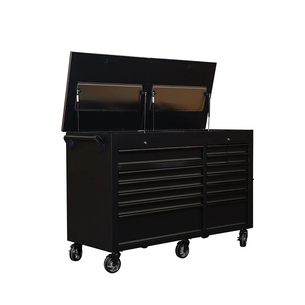 Black Steel workbench Roller Cabinet Tool Trolley Tool Chest Storage Tool Box 15 drawers plug socket and side tray one one side