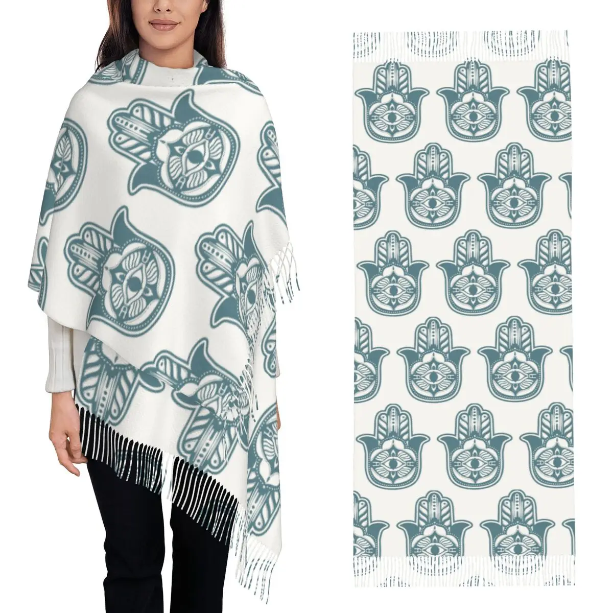 함사 악마의 눈 함사 핸드 보헤미안 스카프 태슬 스카프 여성용 부드럽고 따뜻한 숄 및 랩 롱 가을 겨울 숄 랩