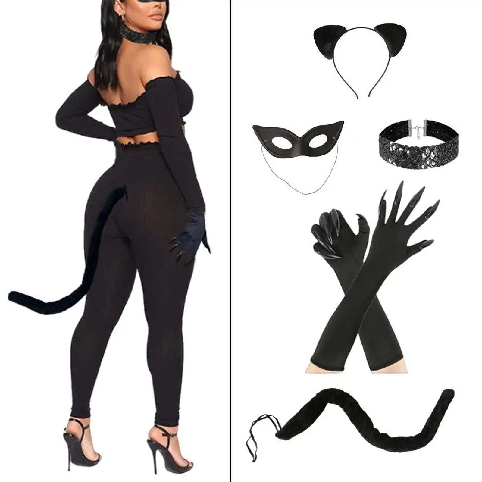 

Комплект костюма черного кота для женщин, перчатки для косплея кошки, маска для Хэллоуина