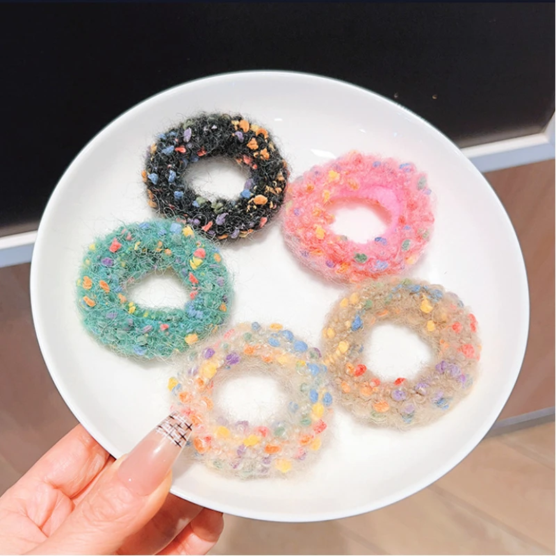 Sweet Cute Plush Elastic Hair Bands For Girls Student White Colorful Knitted Hair Ties Ropes Kawaii Ponytail Holder Headwear Gum