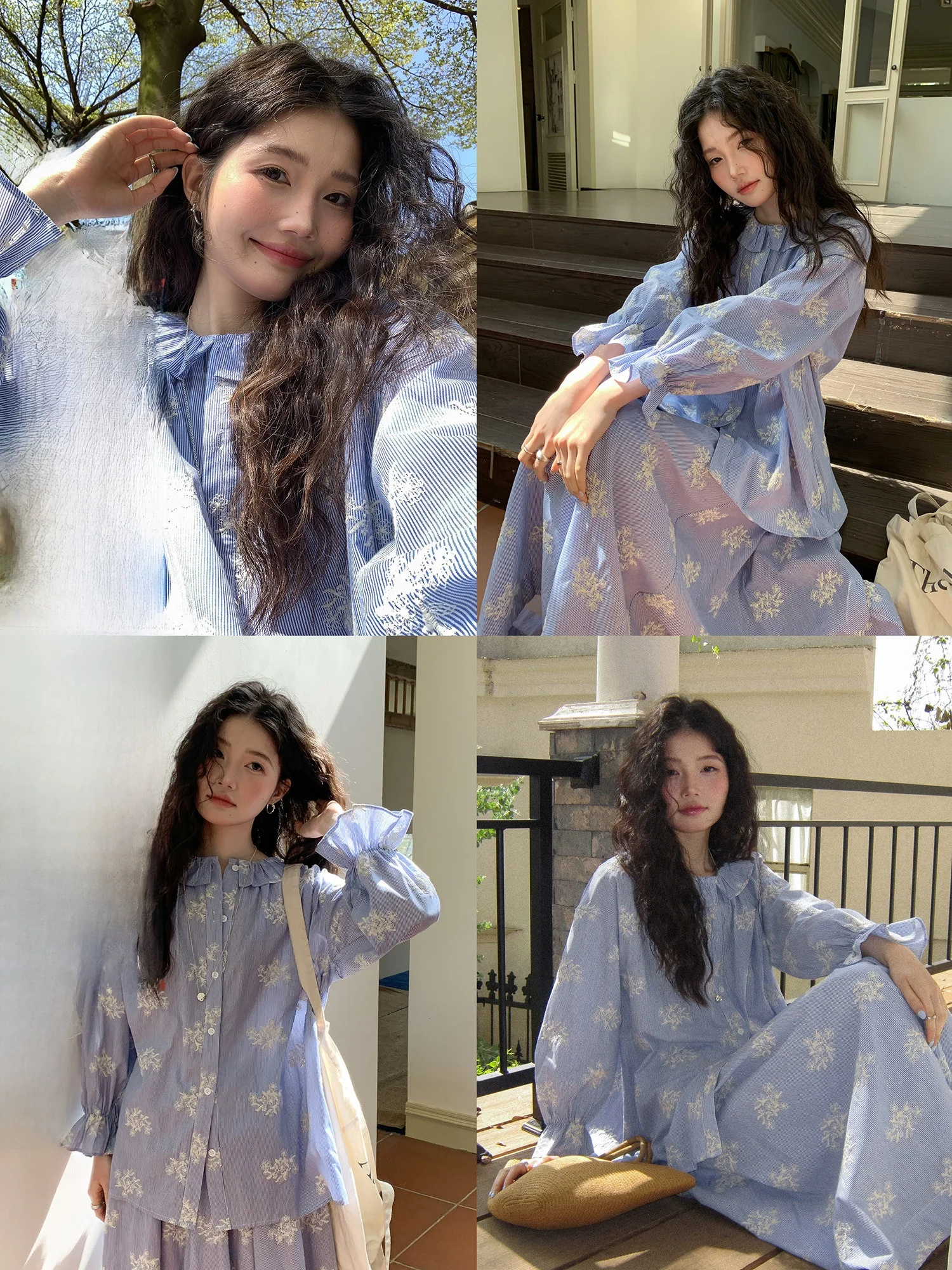 

Anti-Aging Ensemble Women's Spring 2026 New Korean Textured Embroidery Shirt Half Skirt Two-Piece Set Fashionable Cotton Long...