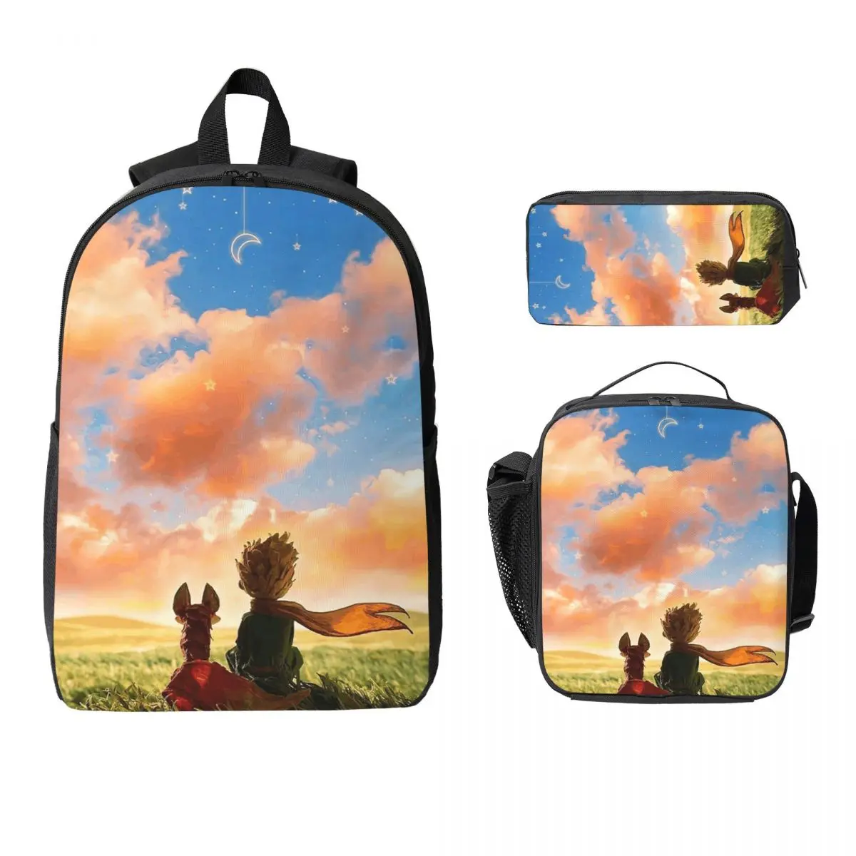 

Little Prince Cartoon France Anime Print Backpack Student Boys Girls BookBag School Bag 3ps Insulated Lunch Bag Pencil Case