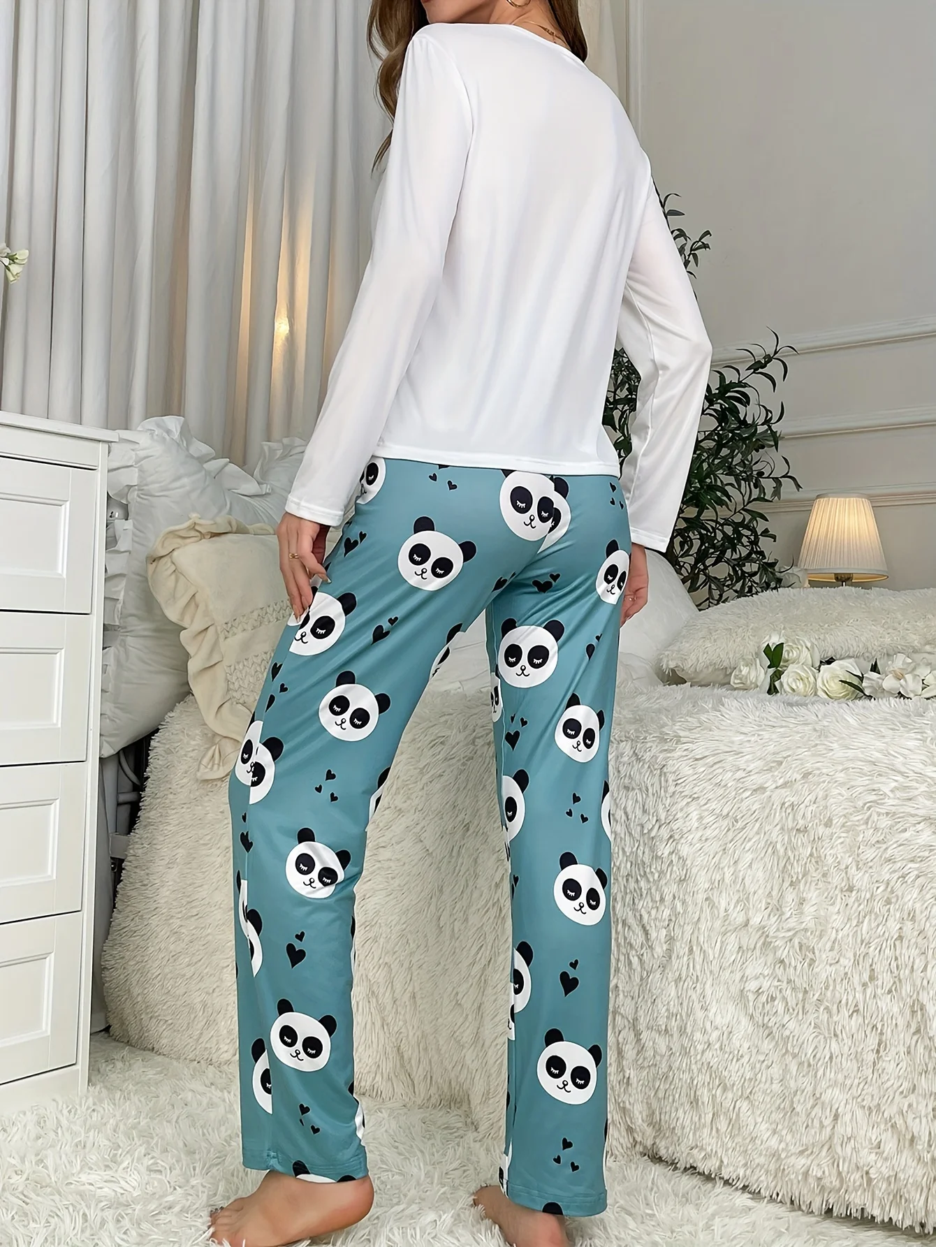 New style cute home dress panda pattern trousers long sleeve two piece pajamas