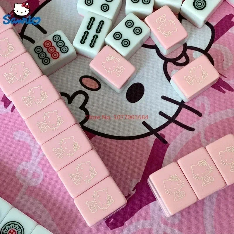 Mahiong Table Game Household Hand-rubbed 144pcs Cute Kitty Mahjong Tiles Cute Trend Pink Cartoon Mahjong  Play Game