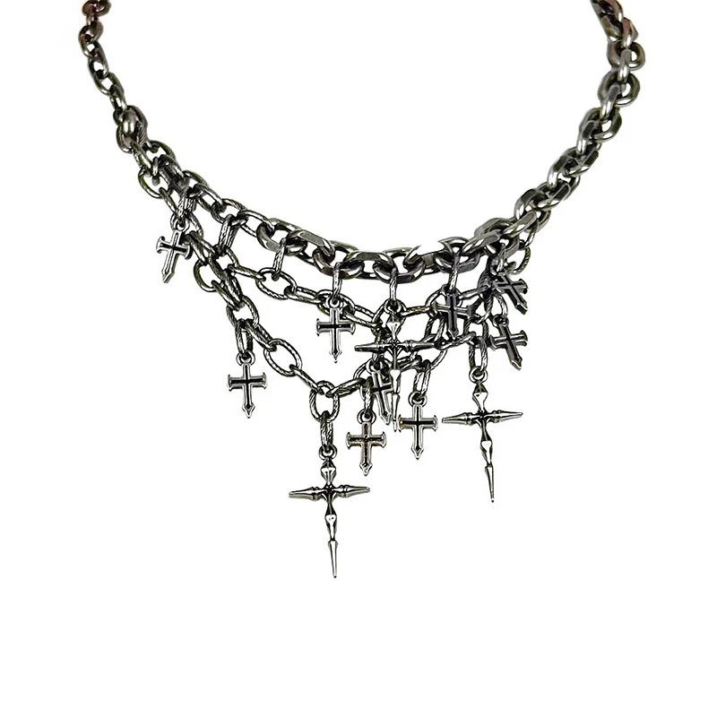 Retro Silver Cross Cluster Necklace Multi-Chain Layered Choker Gothic Punk Jewelry for Women and Men