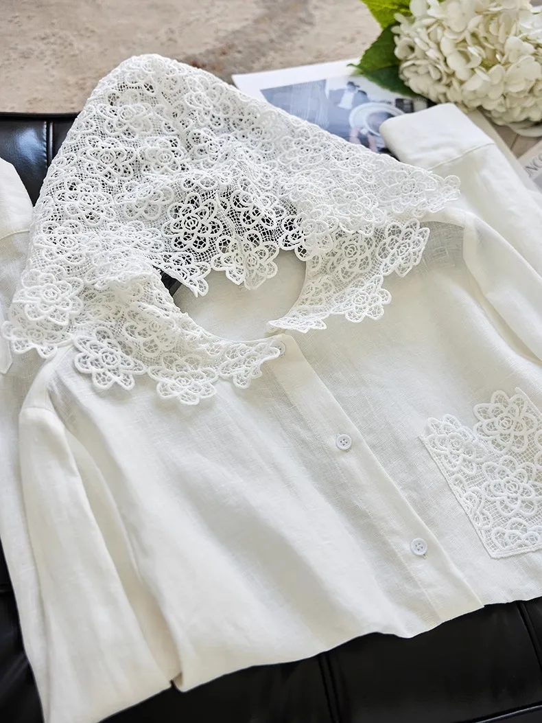 

Juhuai Long Sve Sun Protection irt with Hat 00% Linen Water Soluble Lace Embroidery White Women's Casual irt Top