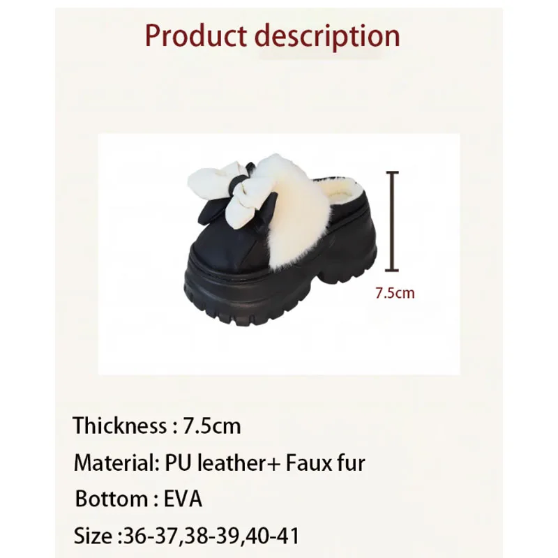 High heels 7.5cm bow slippers home women 2025 Autumn Winter Warm Thick Bottom plush Slides Women\'s Platform Waterproof Slippers