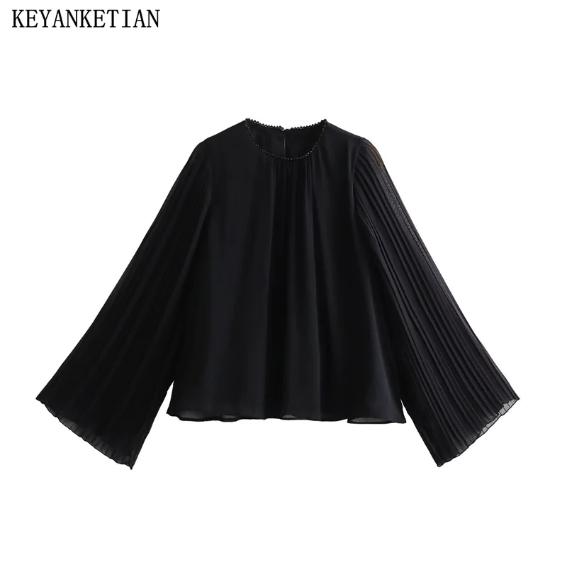 KEYANKETIAN nuovo lancio pietre preziose artificiali da donna abbellire piccole camicie pieghettate elegante camicetta in Chiffon con maniche svasate