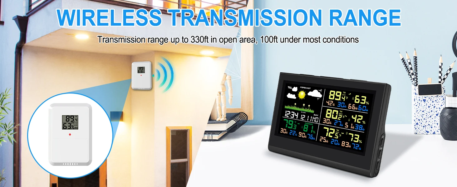 Intelligente kabellose Wetterstation mit 3 Sensoren, großes Farbdisplay, digitales Thermometer-Hygrometer für den Innen- und Außenbereich für das Heimbüro – Detail 2
