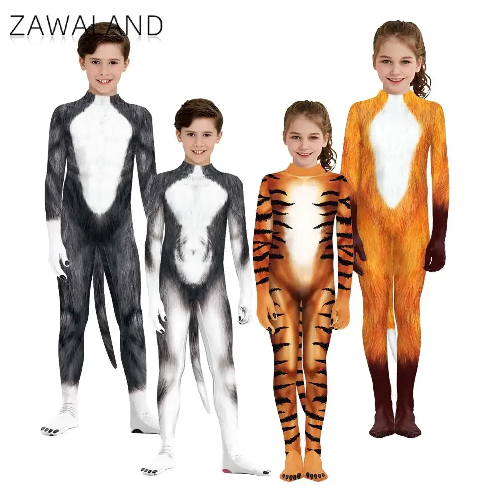 Zawaland-Disfraz con estampado de lobo, leopardo, lagarto, Animal, para niños y niñas, traje con cola, ropa divertida para fiesta de Halloween