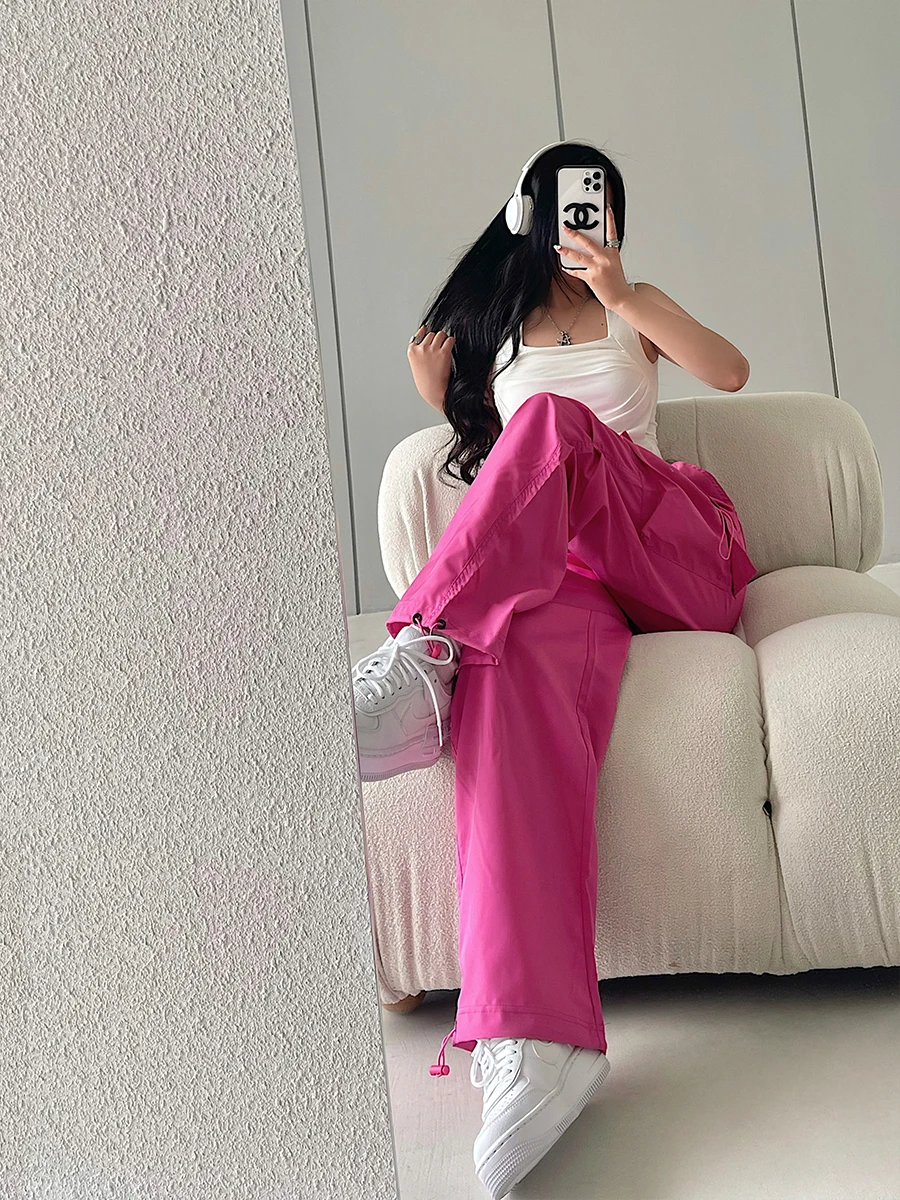 American Street Style High Waist Wide Leg Pants Workwear Casual Trousers Trendy Drawstring Cuffed Long Pants for Young Girls