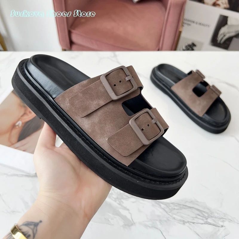 

Surkova Suede Double Buckle Strap Design Slides Shoes Women Indoor Outdoor Leisure Flats Summer Beach Walking Slip On Slippers