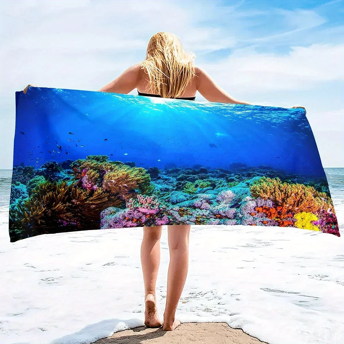 Beach towel underwater coral reef print pattern sunscreen windproof suitable for swimming pool camping travel blanket