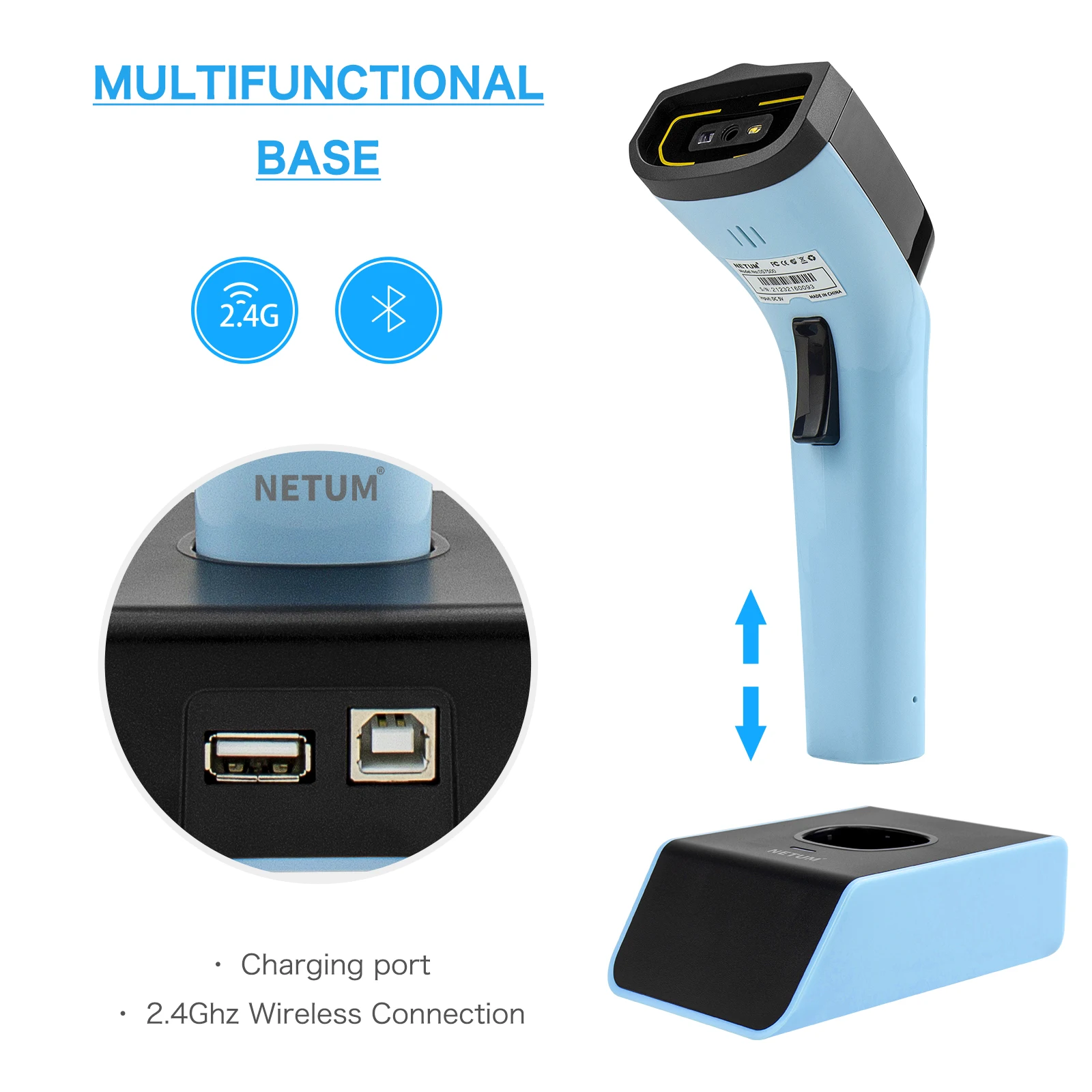 Blue Tooth Wireless Barcode Scanner Handfree 1D 2D Qr Code Scanner With Charging Cradle Reader