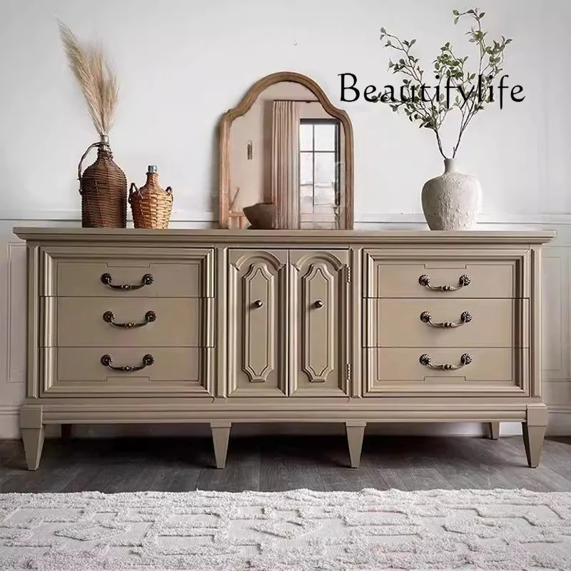 

French country solid wood TV cabinet villa living room contrasting color storage American retro carved storage dining side