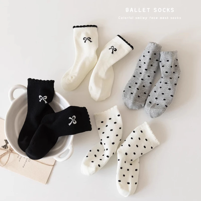 4pair/set Cute Korean Fashion Calf Sock for Kids Girl Sweet Bow Dot Style Princess Children Sock Spring Summer Soft Cotton Sock