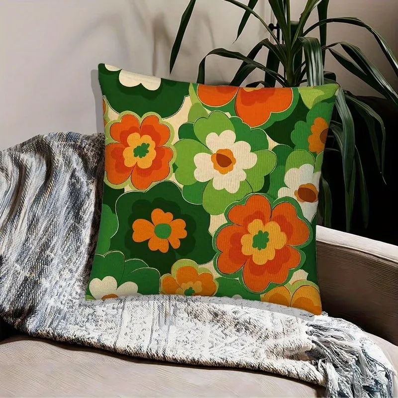 Retro 70s Floral Pillowcase 2D Flat Printed Peach Skin Cushion Cover Vintage Flower for Sofa Living Room Home Decor