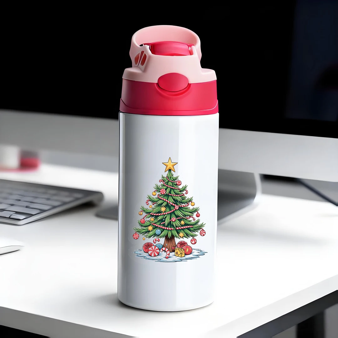 Botol minum stainless steel 304 motif pohon Natal kartun, botol sedotan anak-anak, botol portabel, hadiah liburan Natal, produk baru Natal