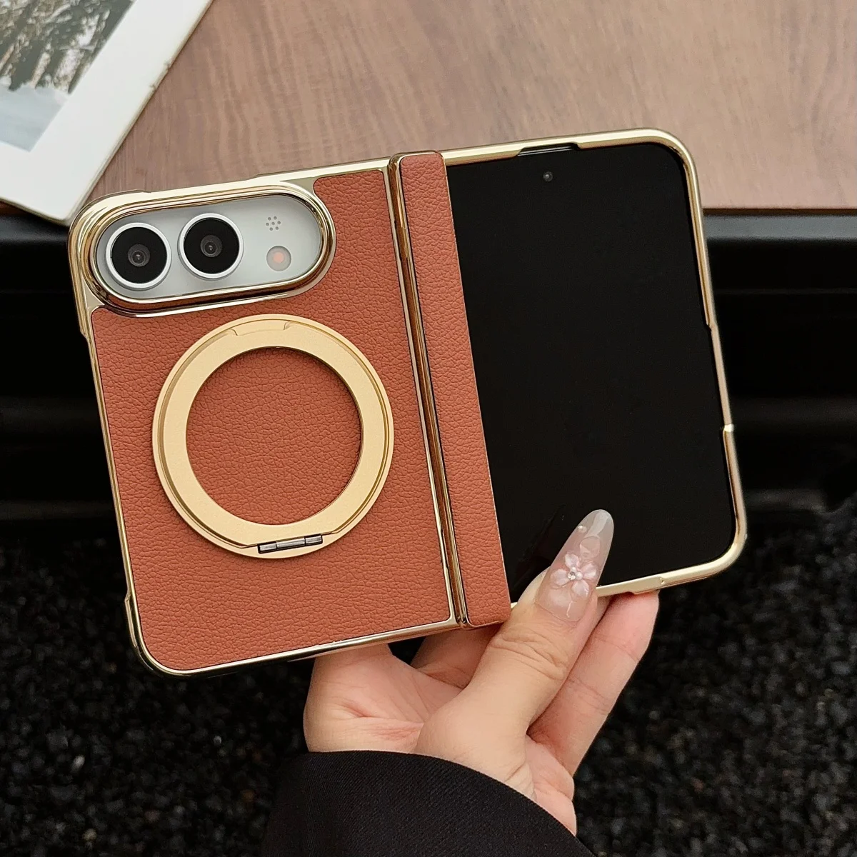Electroplated 360° Ring Stand for MagSafe Magnetic Leather Hinge Protection Phone Case for Apple IPhone Duo 18 Fold Cover
