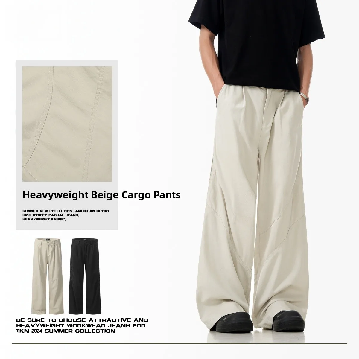 

American Sle Men's Casual Pants Summer High Street Cleanfit Pleated Design Wide Leg Jaet Pants Faion Urban Cotton Workwear