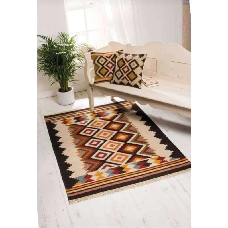 

Rug Jute Wool Accent Runner Rug Vintage Kilim Geometric Handwoven Area Rug