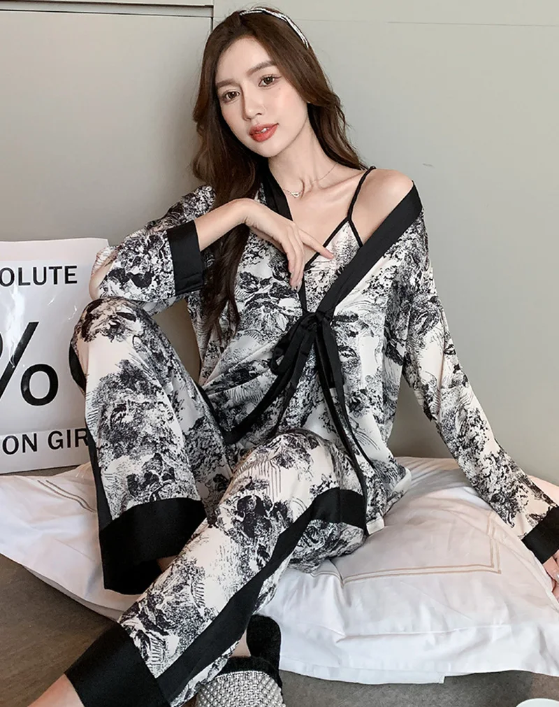 Women\'s Clothes Three-Piece Pajamas Spring and Fall Country Style Long-Sleeved Fashion Lace Elastic Homewear Suspenders Dress