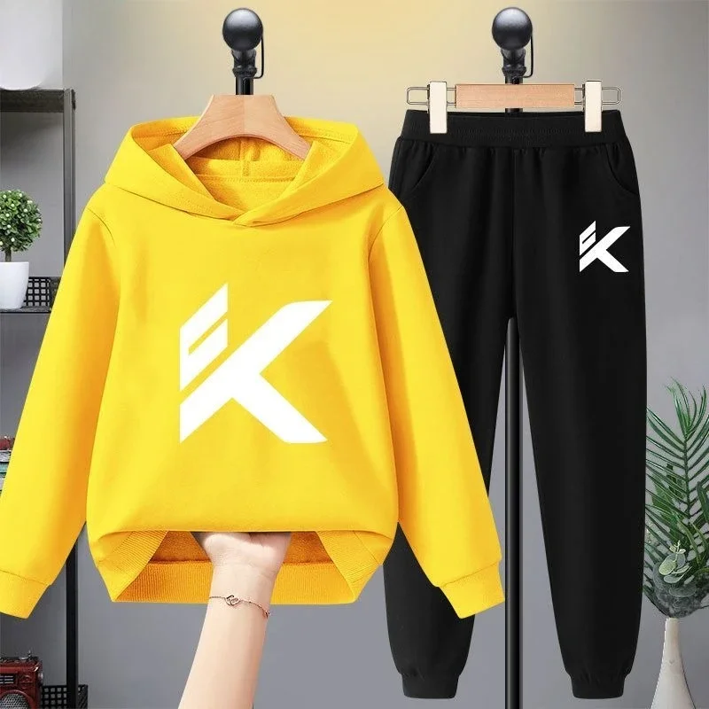 Autumn/Winter Children's Christmas and New Year Casual Sports Suit Set, Hooded Top + Pants, Printed with Custom Letter K Pattern