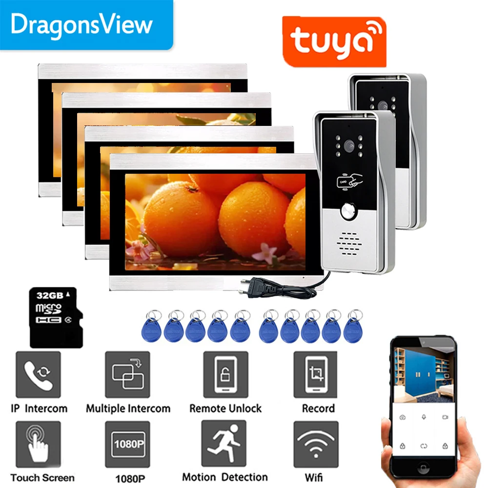 Dragonsview-sem fio múltiplo vídeo porteiro telefone da porta, Wi-Fi campainha, câmera chamada, portão de transferência desbloqueio, Tuya, 1080p, 7