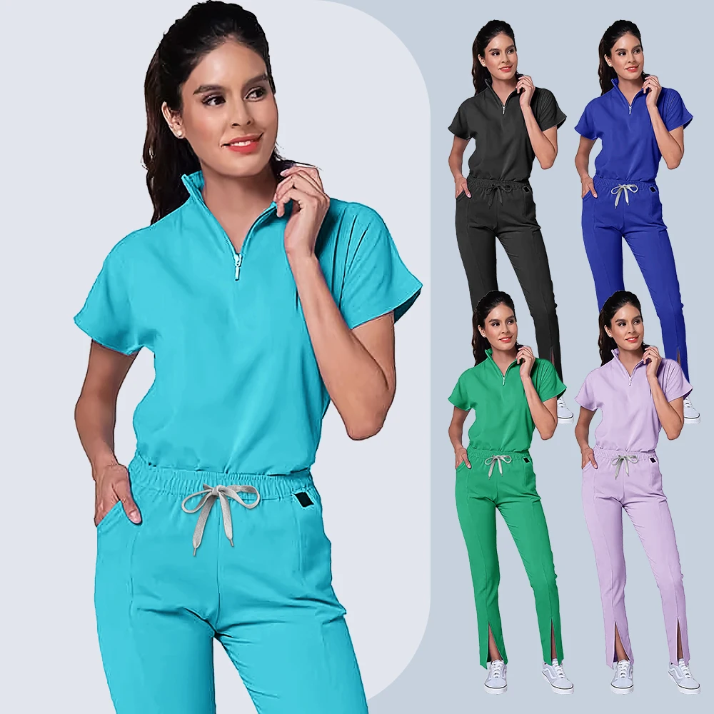 Medical Scrubs Uniform Women Nurse Zipper Scrub Set Pocket Tops Pants 2 Piece Surgical Suits Operating Suit Nursing Work Clothes